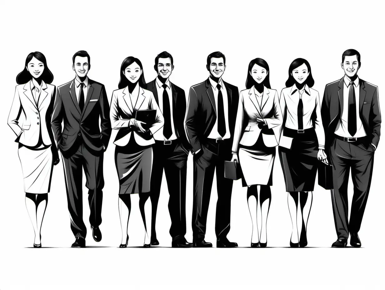 illustration, black/white, 6 friendly and sperated business men and women,  white background