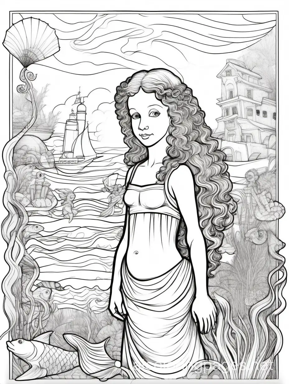 Rembrandt style, full length view, mermaid, pen and ink and watercolor, fantasy, high detail, Coloring Page, black and white, line art, white background, Simplicity, Ample White Space. The background of the coloring page is plain white to make it easy for young children to color within the lines. The outlines of all the subjects are easy to distinguish, making it simple for kids to color without too much difficulty, Coloring Page, black and white, line art, white background, Simplicity, Ample White Space. The background of the coloring page is plain white to make it easy for young children to color within the lines. The outlines of all the subjects are easy to distinguish, making it simple for kids to color without too much difficulty