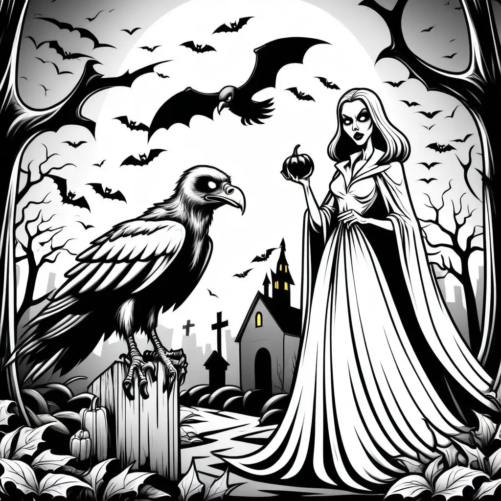 a simple black and white coloring book image of creepy Halloween scene with vulture & lady vampire