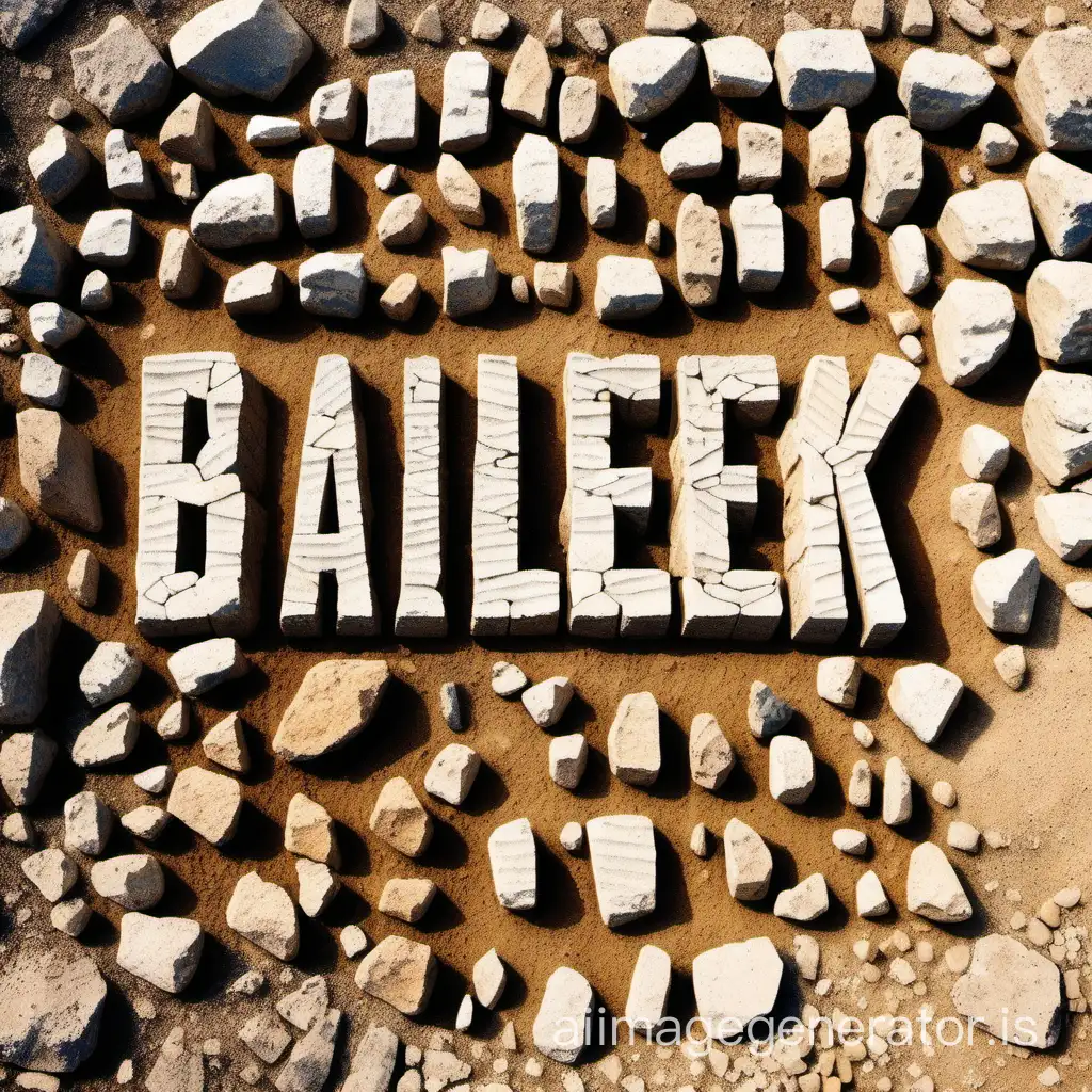 write the word "BAALBEK" made of stones and rocks on a desert background