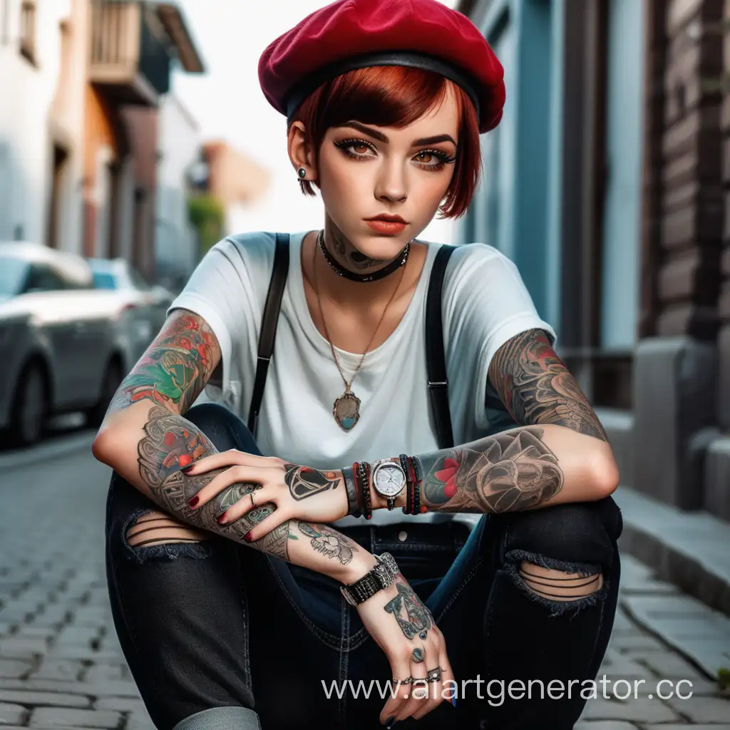 A girl with red, short hair, brown eyes, hands full of tattoos, a shirt with rolled-up sleeves, black jeans and berets, a bunch of rings and bracelets, pretentious and bright makeup