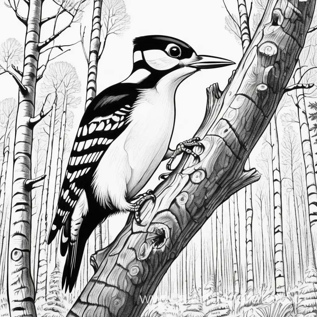 Cartoon-Woodpecker-Perched-in-Russian-Forest-Black-and-White-A4-Drawing