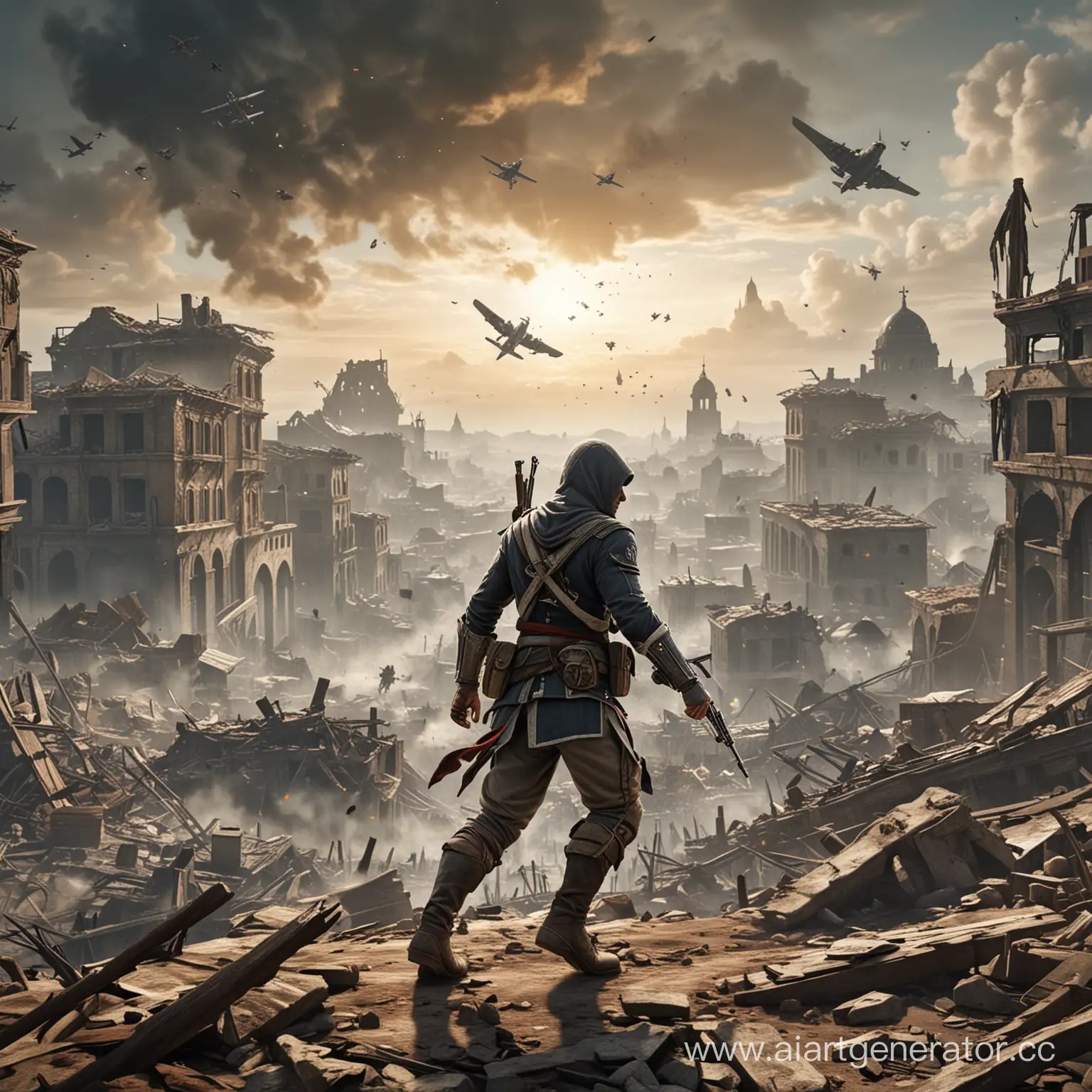 Главный герой в стиле Assassin's Creed атакует вражеского солдата в 1953 году, на фоне разрушенного города, где в небе пролетают бомбардировщики Германии.