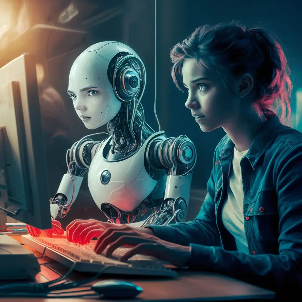 Молодая женщина сидит за компьютером, рядом с ней сидит робот -нейросеть, они работают вместе, четкие детали, яркие краски кинематографическое освещение, сюрреализм 
