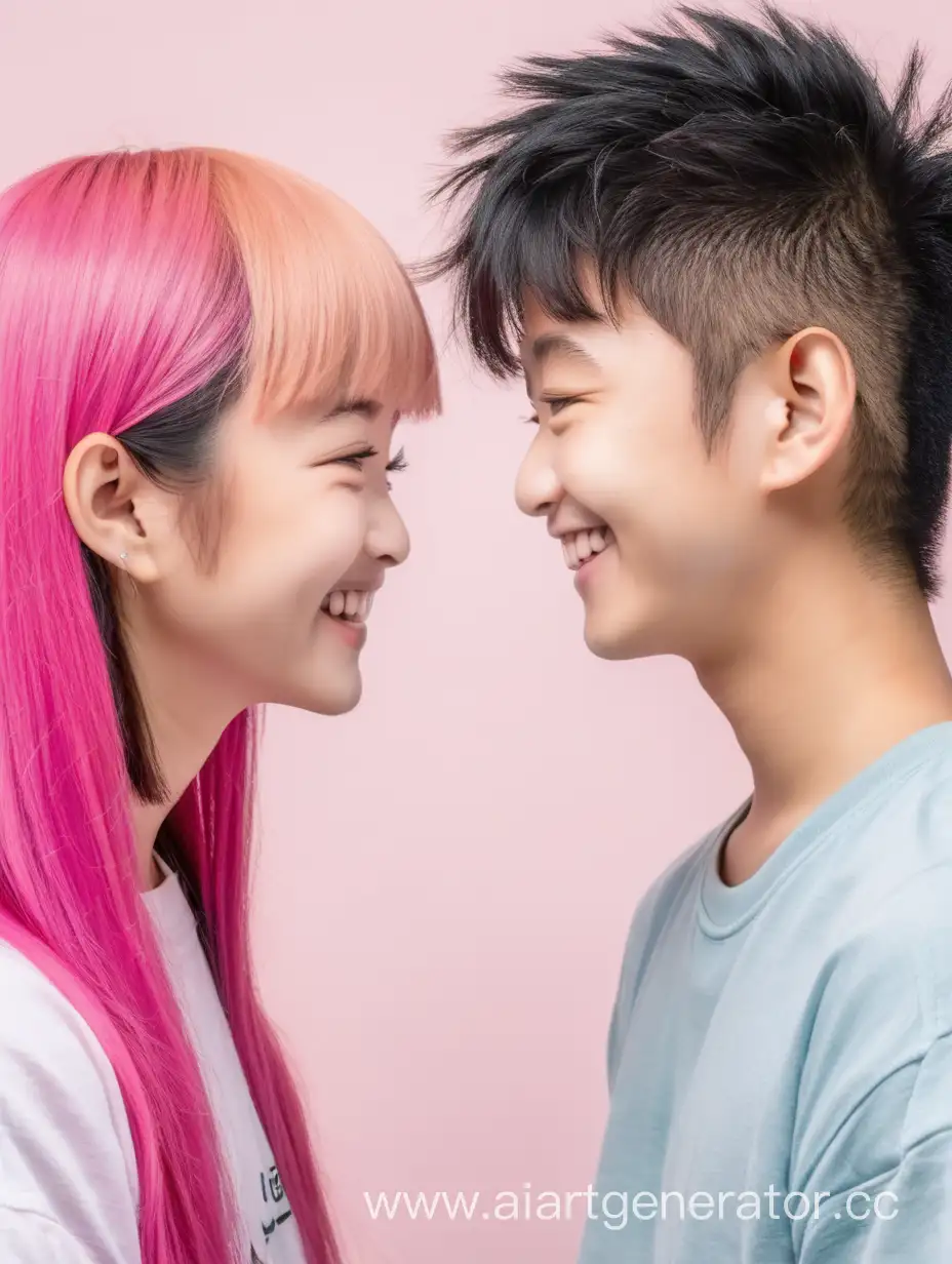 Два друга азиата смотрят друг на друга и улыбаются. Волосы розовые
