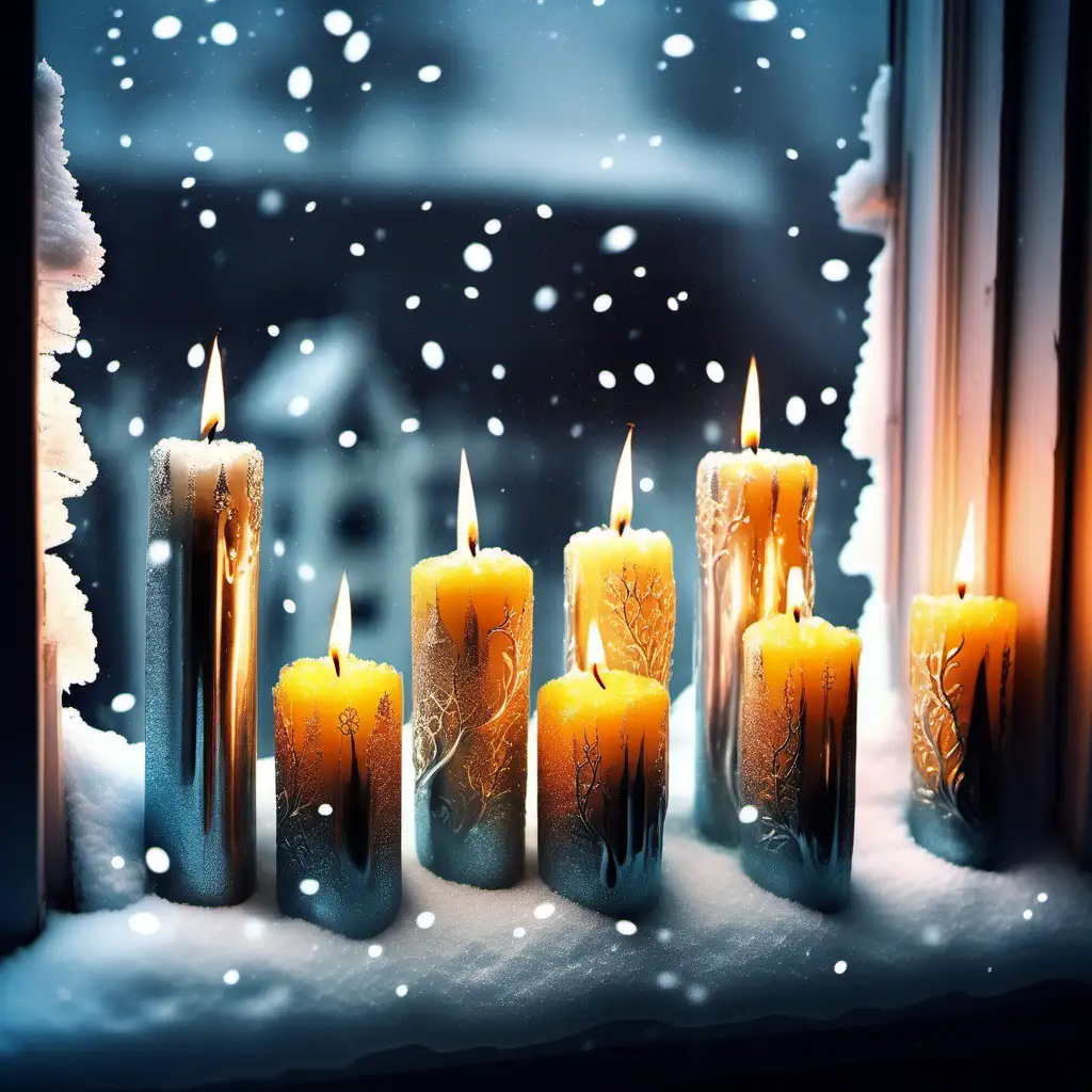 Carve glowing melting candles sitting in a window sill with snow falling outside the window glitter filigree glowing transparent sparklecore 