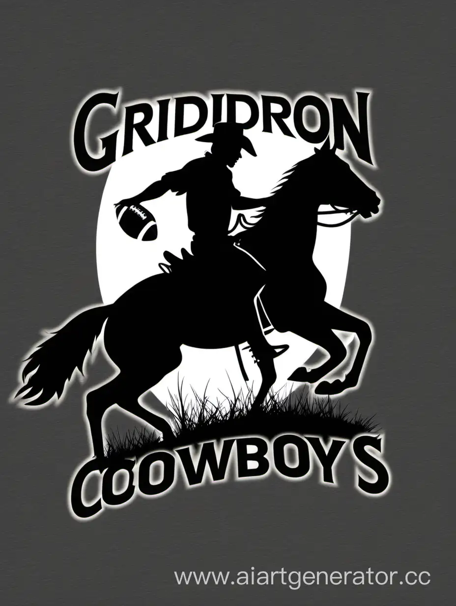 "Gridiron Cowboys" with a silhouette of a cowboy riding a football in thet-shirt design  