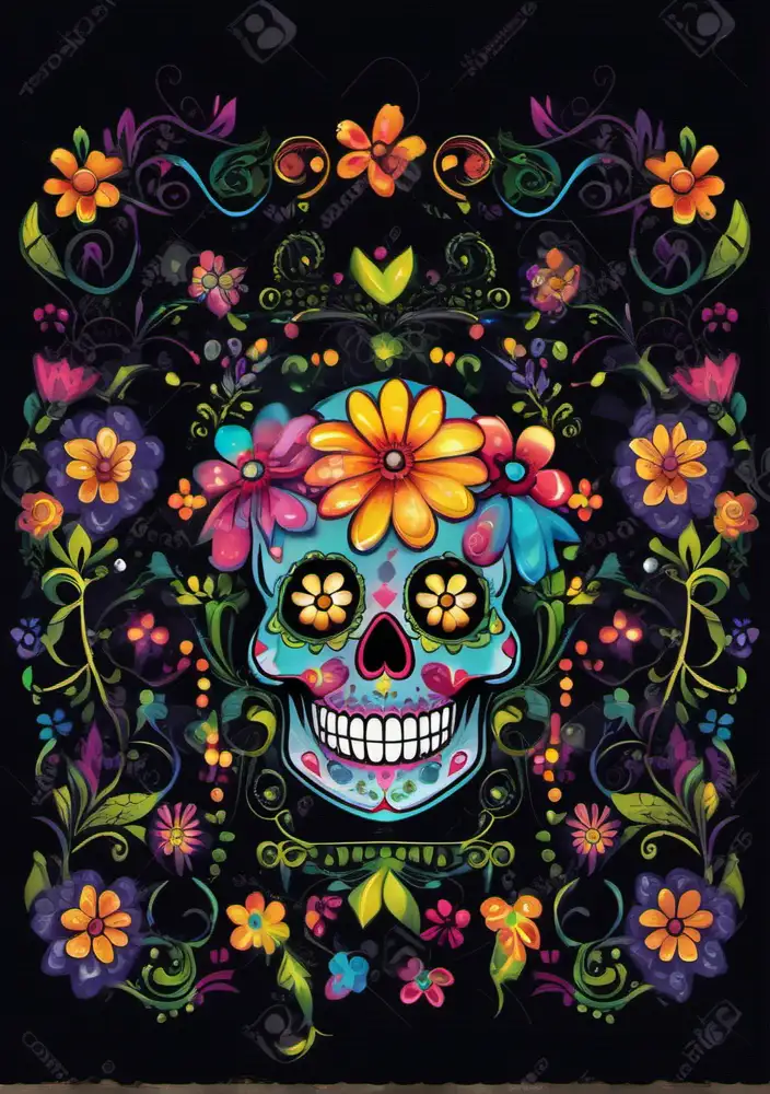 Very defined Colorful Happy Funny Sugar skull with flowers and flower border with no writing