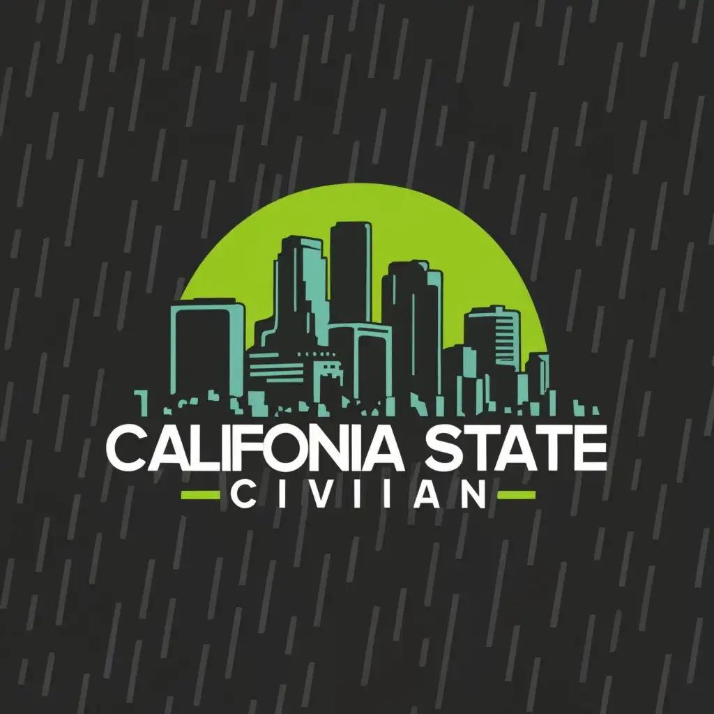 a logo design,with the text "California State Civilian", main symbol:green lights flashing off skyscrapers in the rain while civilian are in an intense car meet While planes are flying through the sky.,Moderate,clear background
