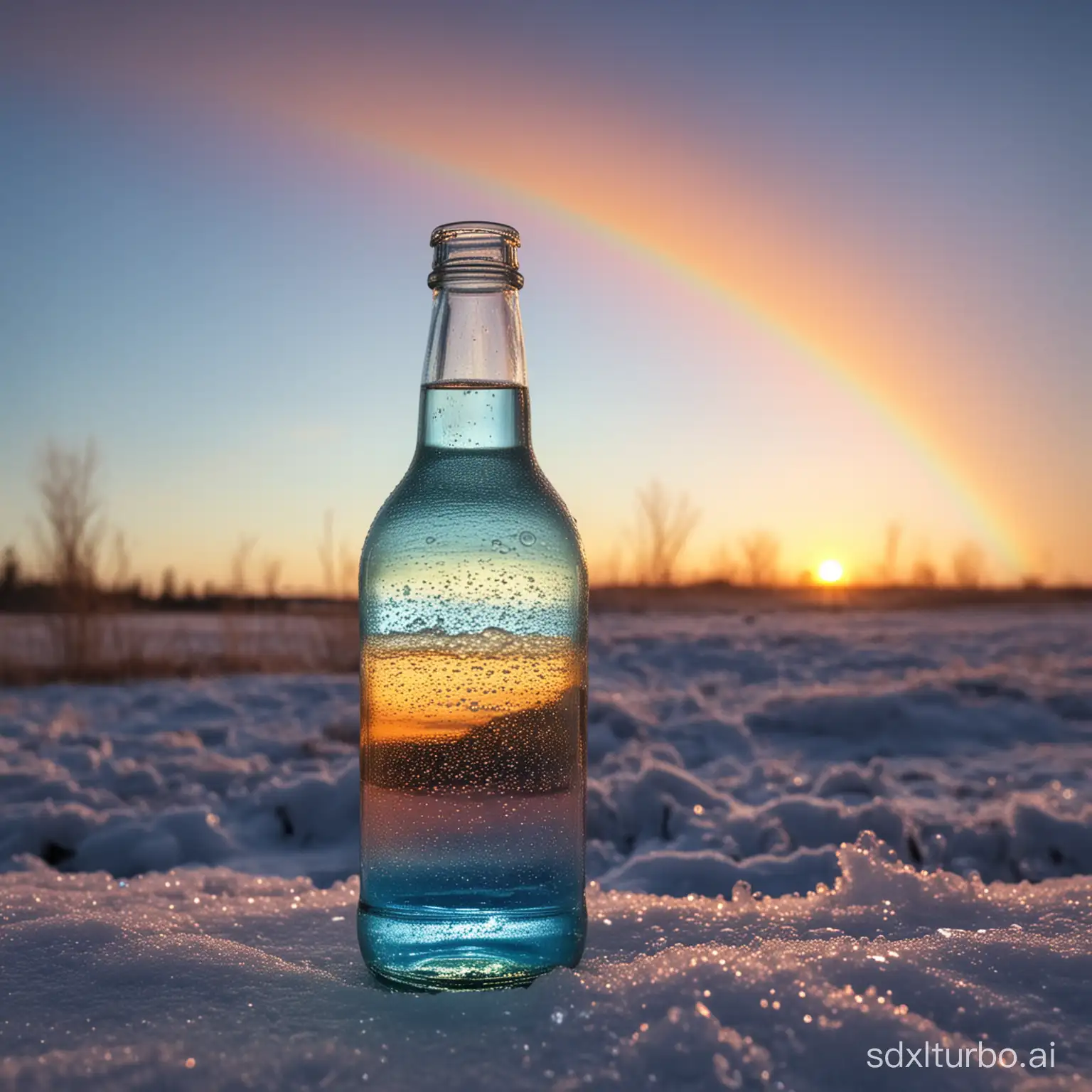 evening sunset scenery blue sky nature, glass bottle with a fizzy ice cold freezing rainbow liquid in it