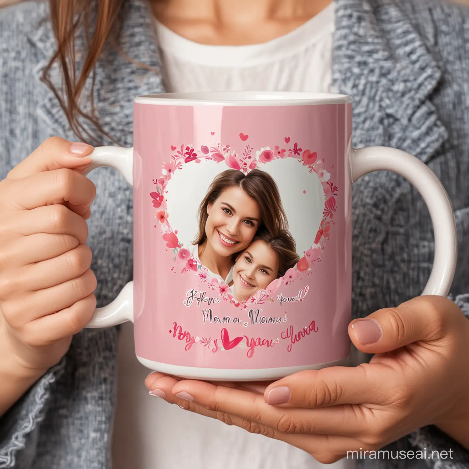 generate something beautiful for mothers day event put image on mug with message I Love You Mom