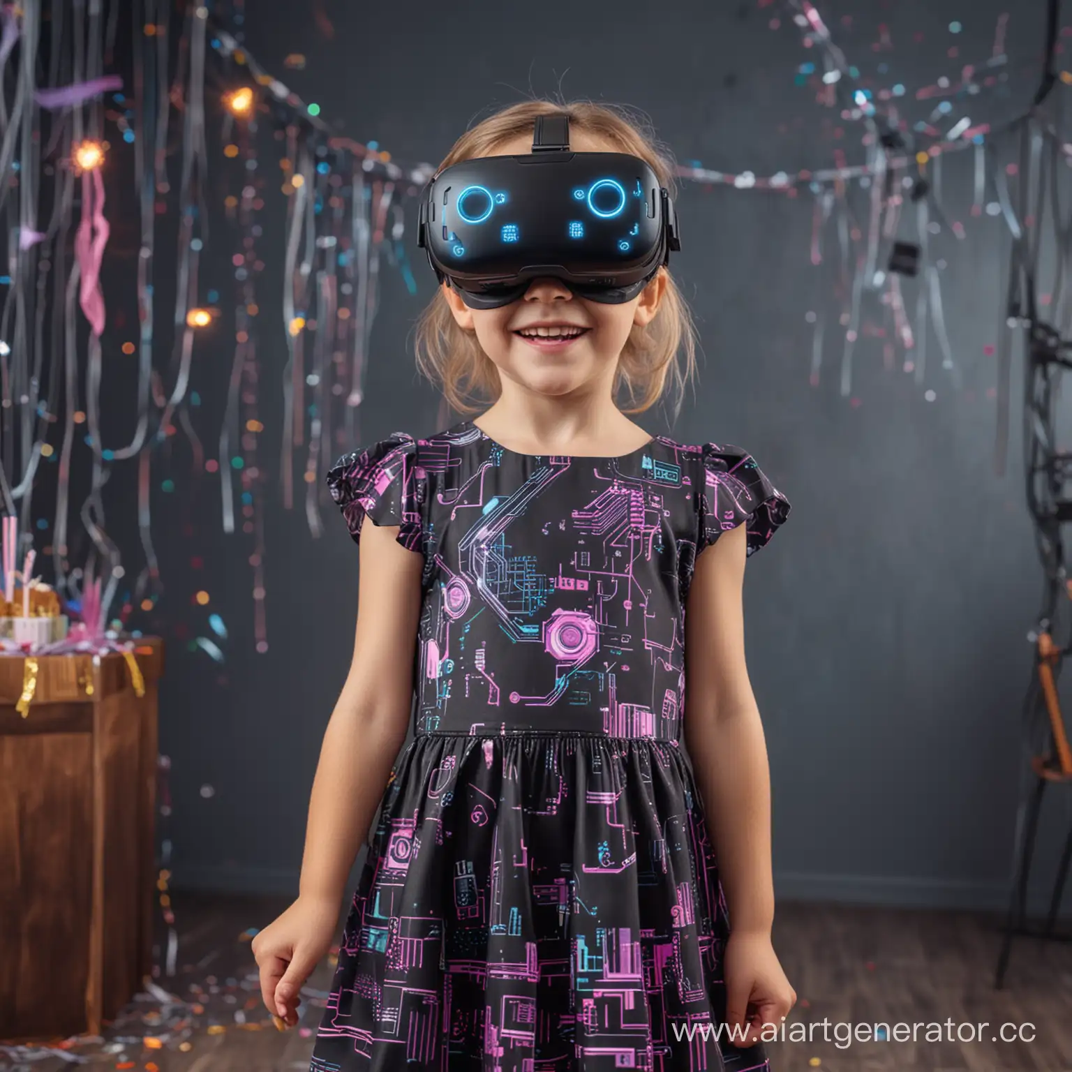 радостная маленькая девочка в vr очках,в платье, на день рождении, в стиле киберпанк