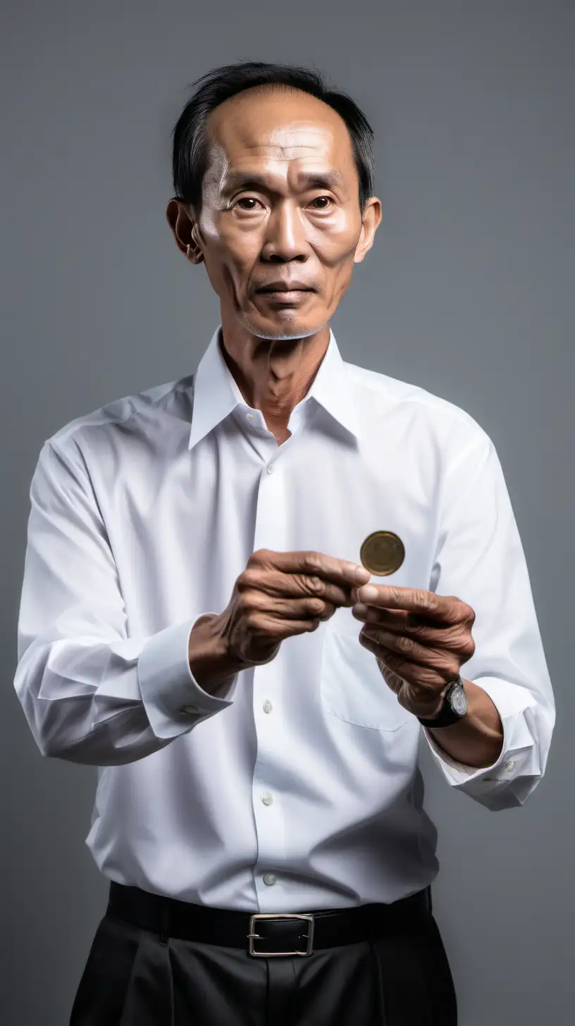 a 60 year old south east asian man, skinny figure, black short thin sleek hair, full face big forehead, wearing white shirt, throwing coin like a referee