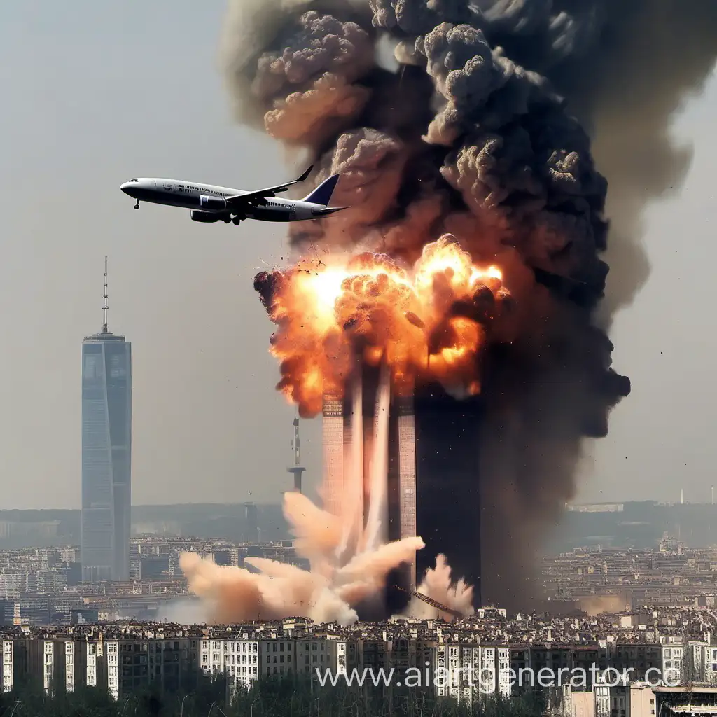 Explosion-Near-Urban-Towers-Dramatic-Plane-Crash-Scene