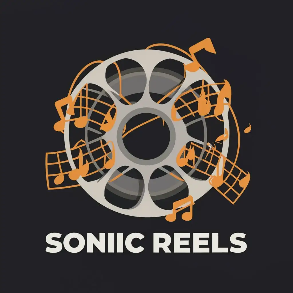 logo, 2 movie reels with musical notes floating in front or something., with the text "Sonic Reels", typography, be used in Entertainment industry