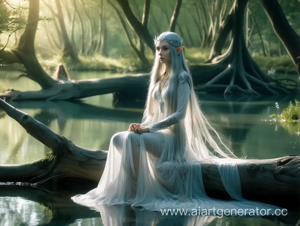 An elven woman with silver long hair, wearing a translucent white dress long to her feet. She sits by the pond on a fallen tree, looking straight into the water. The elven woman is a tall and beautiful girl. She is surrounded by a forest lit by sunlight. Style