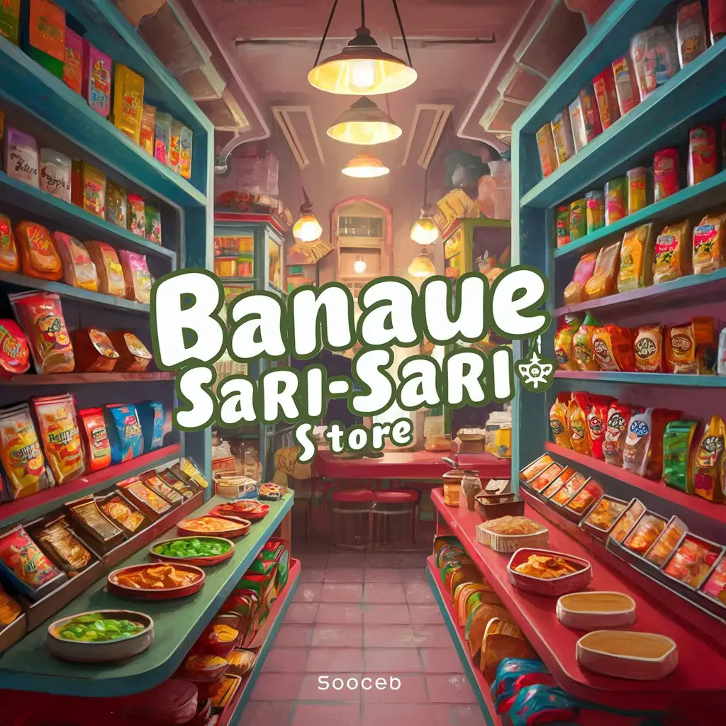 store name "Banaue sari sari store" cute aeasthethic Grocery stores full of filipino snacks, junk foods