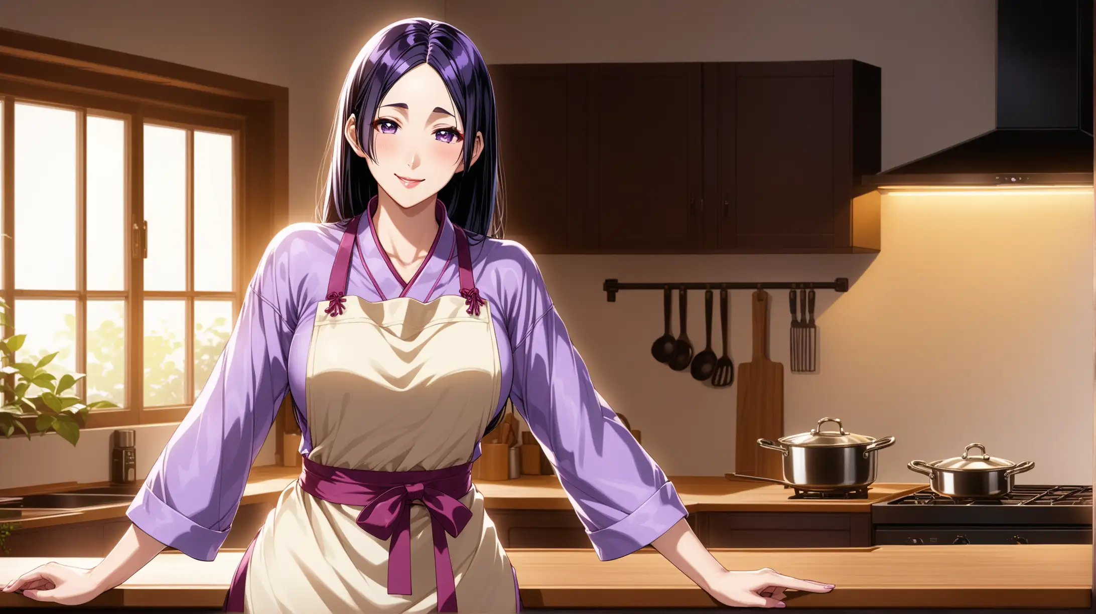 Draw the character Minamoto no Raikou, high quality, ambient lighting, long shot, indoors, kitchen, seductive pose, wearing an apron, smiling at the viewer