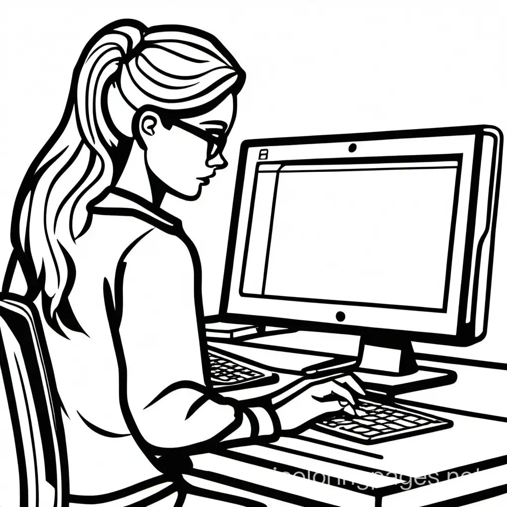 coding women at the computer, Coloring Page, black and white, line art, white background, Simplicity, Ample White Space. The background of the coloring page is plain white to make it easy for young children to color within the lines. The outlines of all the subjects are easy to distinguish, making it simple for kids to color without too much difficulty