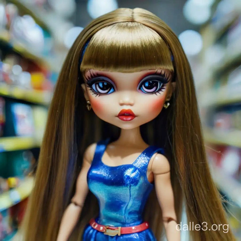full body photo of an surprised and worried pale Japanese bratz doll at a toy store, very big pouty lips, brown Japanese eyes,very long straight brown hair with side-swept bangs, shiny royal blue holographic one-shoulder dress, shiny hoop earrings, glossy red lipstick, lip liner, long eye lashes, dark blue eye shadow, fighting action pose inside a shiny blue detailed toy doll box labeled "Sentai Bratz" on shelf next to different dolls in boxes
