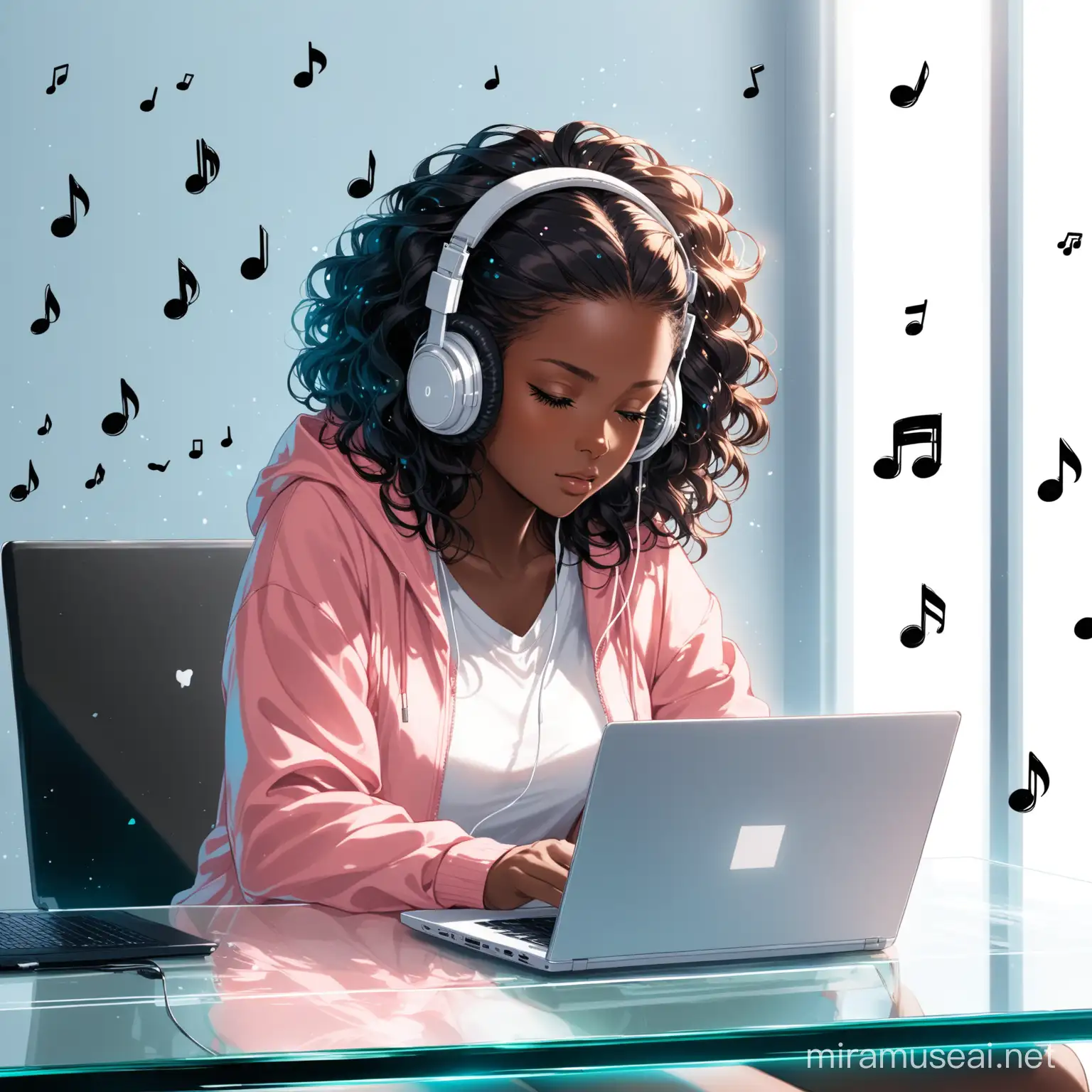 Black Woman with Semi Puffy Hair Working on Unbranded Laptop with Music Notes
