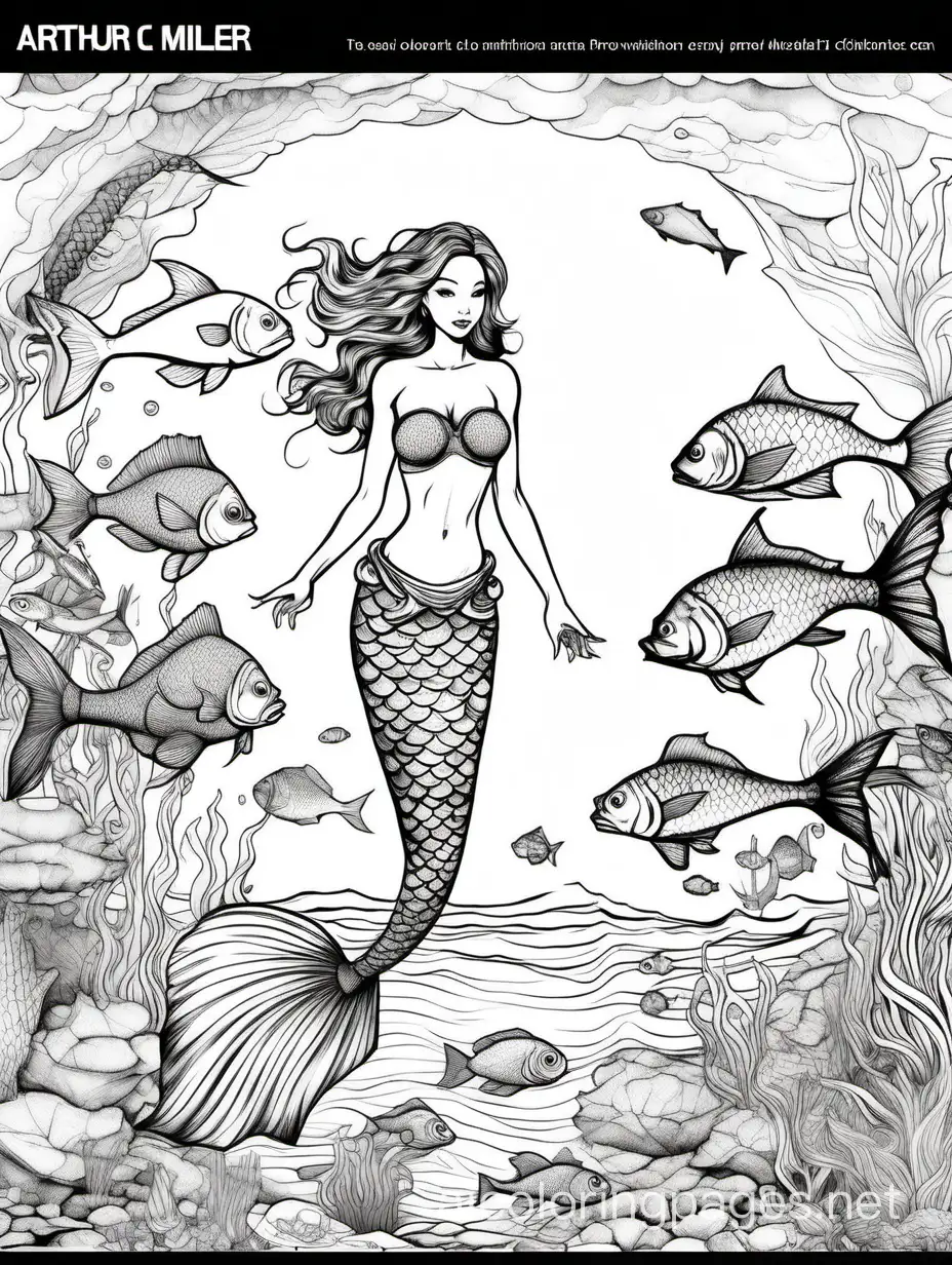 Arthur C. Miller cinematography style, thin, slim, asian, beautiful. full length view, mermaid, under the sea, swimming, pen and ink and watercolor, fantasy, high detail, Coloring Page, black and white, line art, white background, The outlines of all the subjects are easy to distinguish, (no legs) fish tail, Coloring Page, black and white, line art, white background, Simplicity, Ample White Space. The background of the coloring page is plain white to make it easy for young children to color within the lines. The outlines of all the subjects are easy to distinguish, making it simple for kids to color without too much difficulty