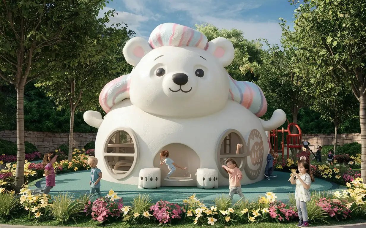 Внешний вид детского сада в форме большого белого медведя  с сладкой ватой 