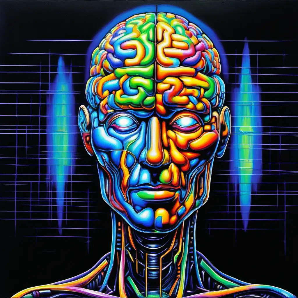 /imagine prompt: /imagine prompt: /imagine prompt:a {a large painting} {large brain artificial intelligence brain} that {looks like artificial intelligence cyber brain} while {standing out from a black background} in {painting} --aspect 1:1::3 blacklight::3 --aspect 1:1