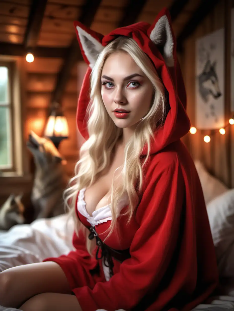 Beautiful Nordic woman, very attractive face, detailed eyes, big breasts, slim body, messy blonde hair, wearing a little red riding hood , wolf ears, close up, bokeh background, soft light on face, rim lighting, sitting on a bed in a cottage, Illustration, very high detail, extra wide photo, full body photo, aerial photo