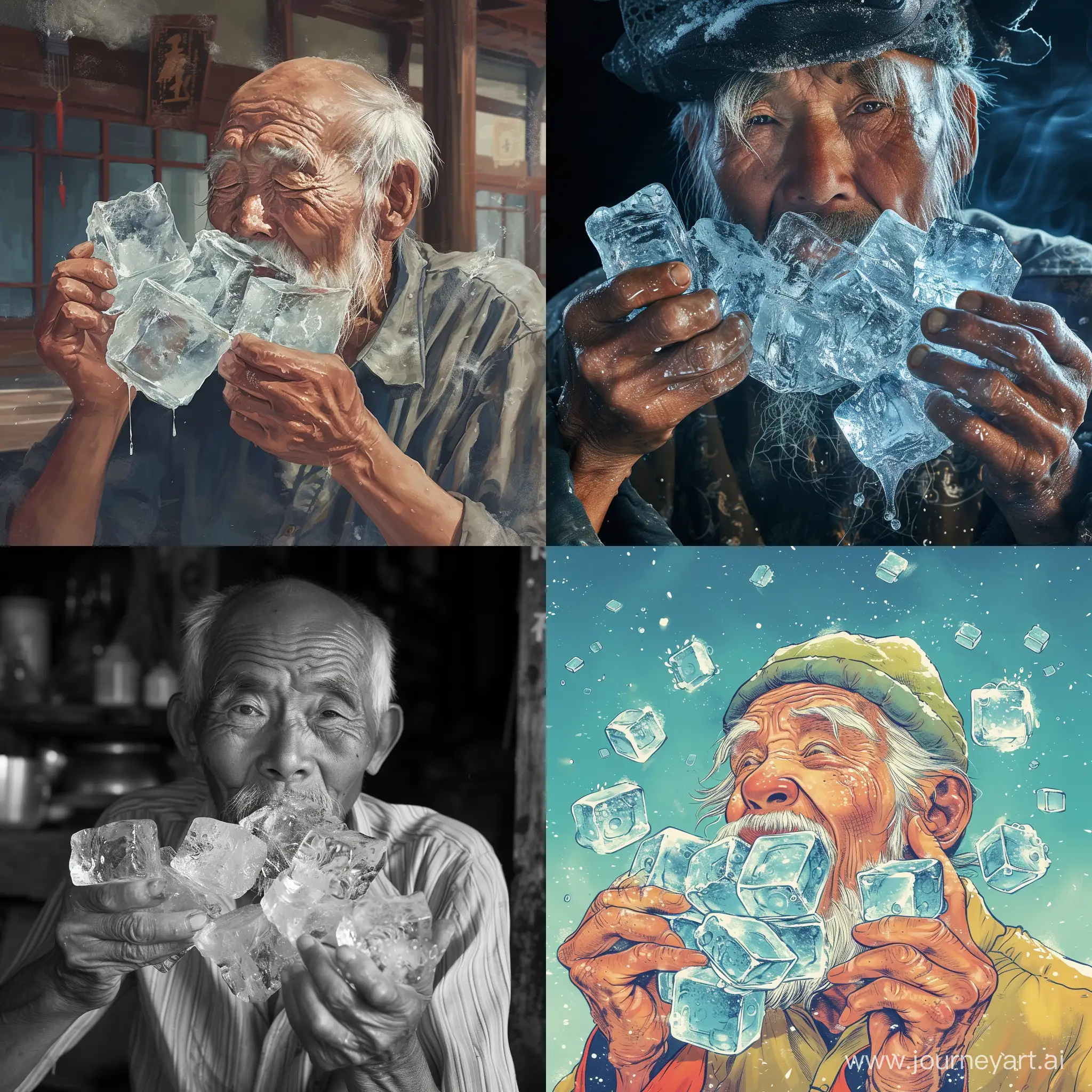 Elderly-Man-from-Northeast-China-Enjoying-Giant-Ice-Cubes