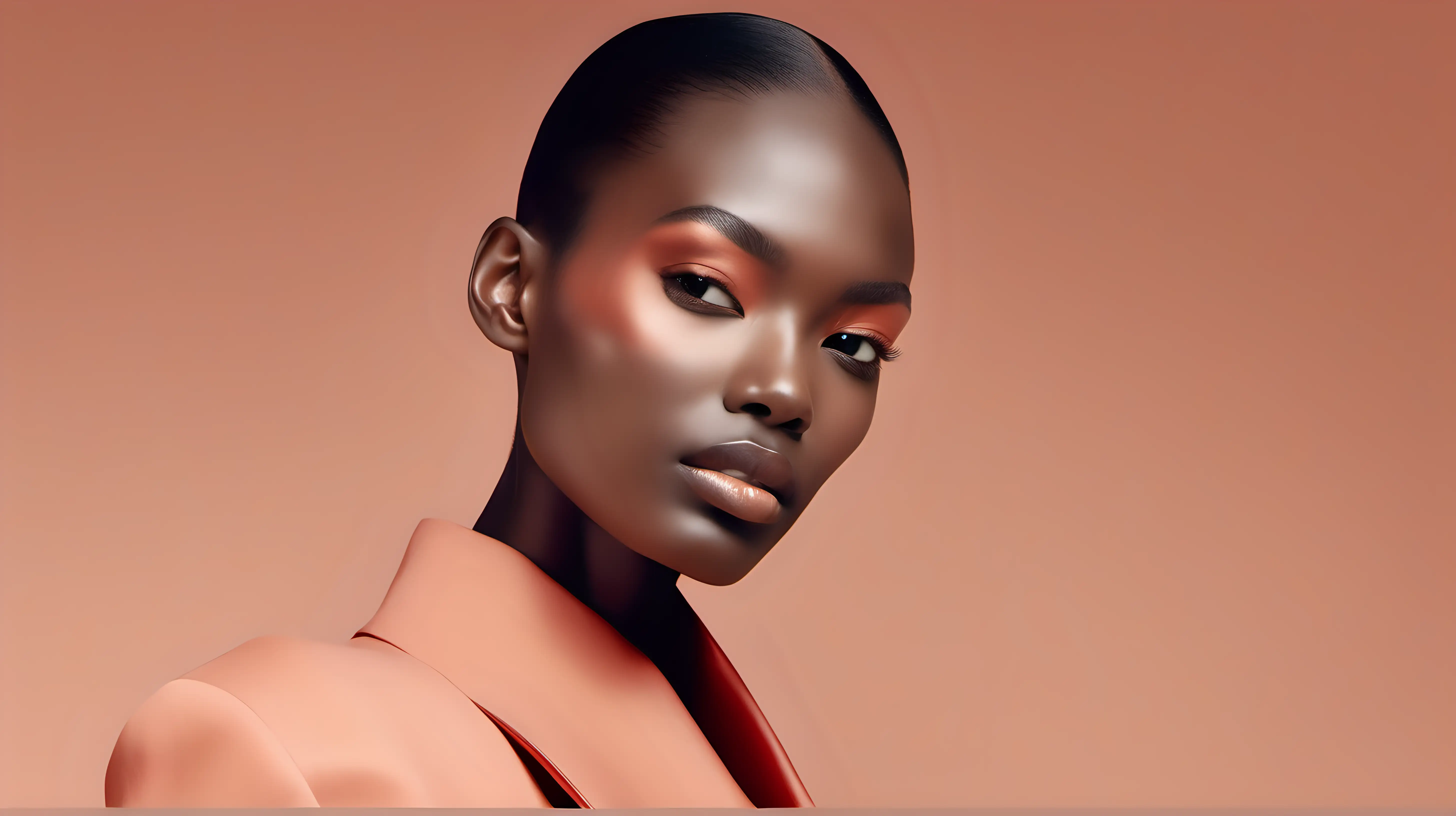 "Embody modern minimalism as a model graces a muted coral backdrop, dressed in chic simplicity, with high-resolution precision spotlighting the nuance in every facial expression."