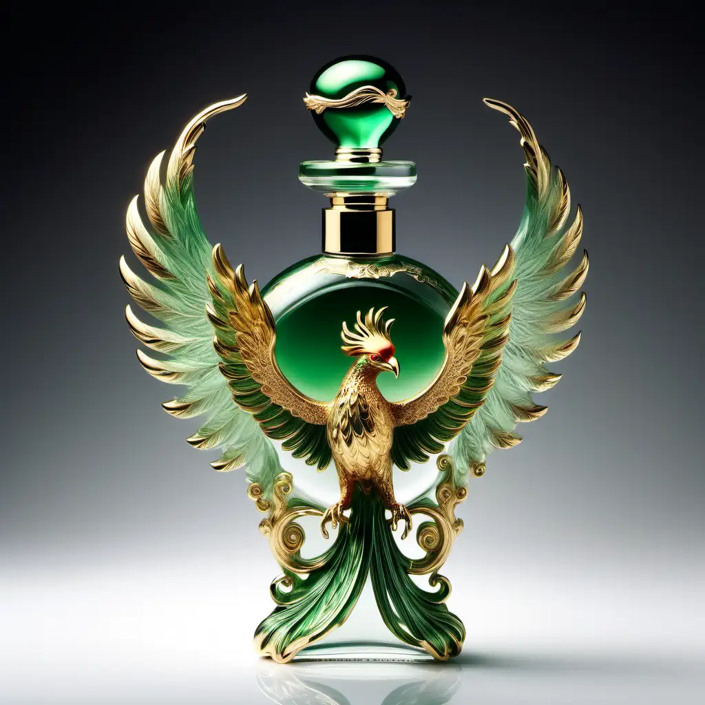 Beautiful luxurious opulent perfume bottle with a green stressed peonix as a cap 