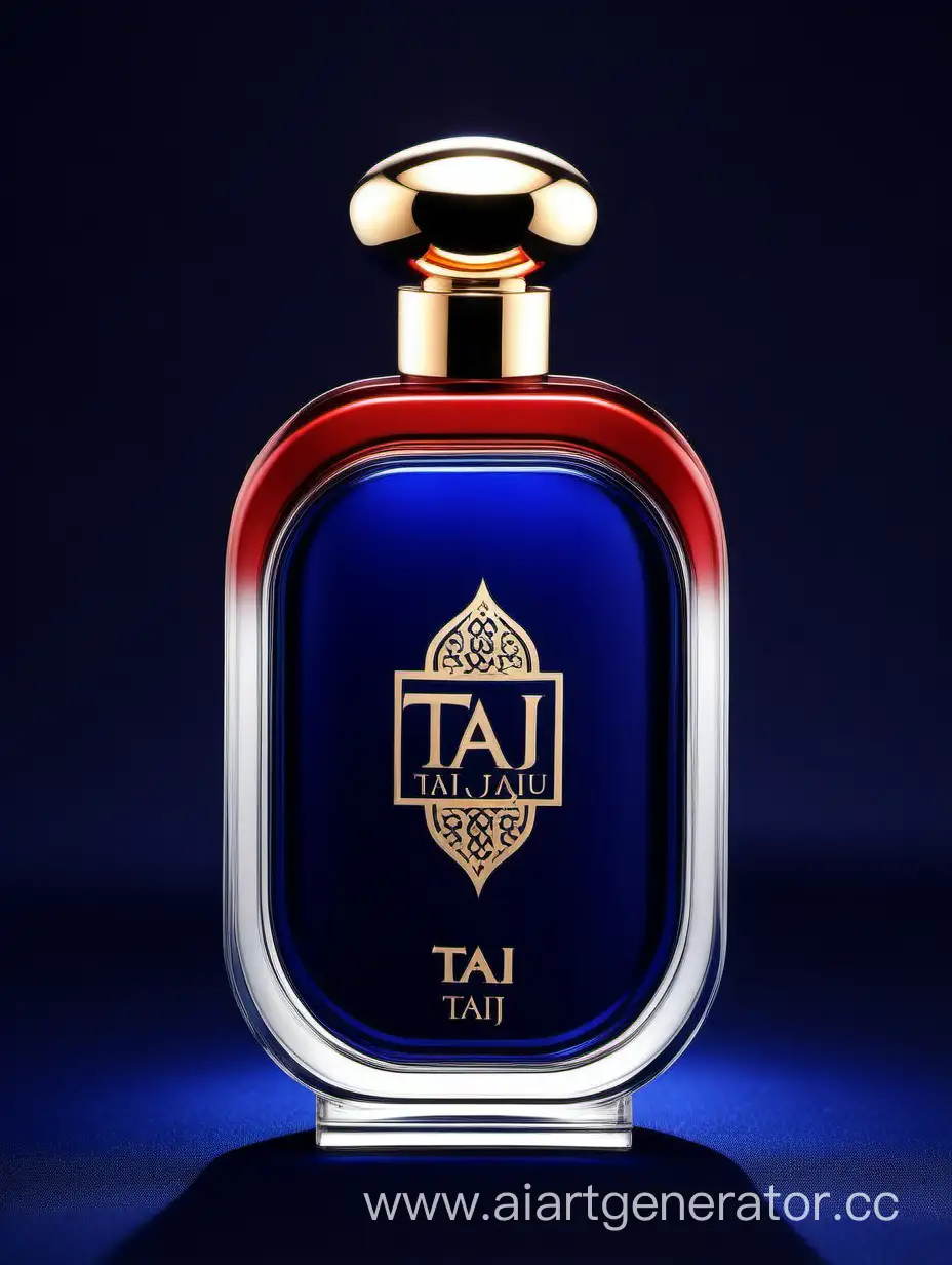 A luxurious Dark Blue Red and white double layers perfume with a elegant zamac cop ((taj text logo))