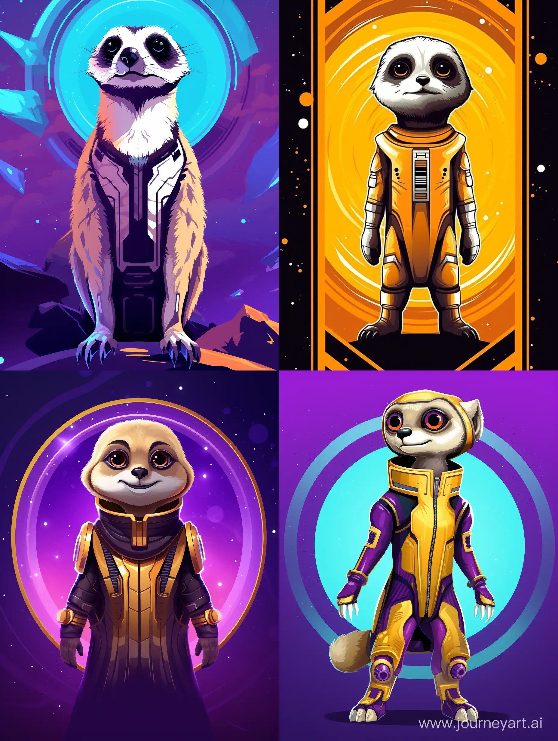 Funky Modern Happy Full Body Meerkat. Clip Art with Golden Teeth. Futuristic Galactic Flat Vector Art. High Resolution NTF Crypto Graphic. 