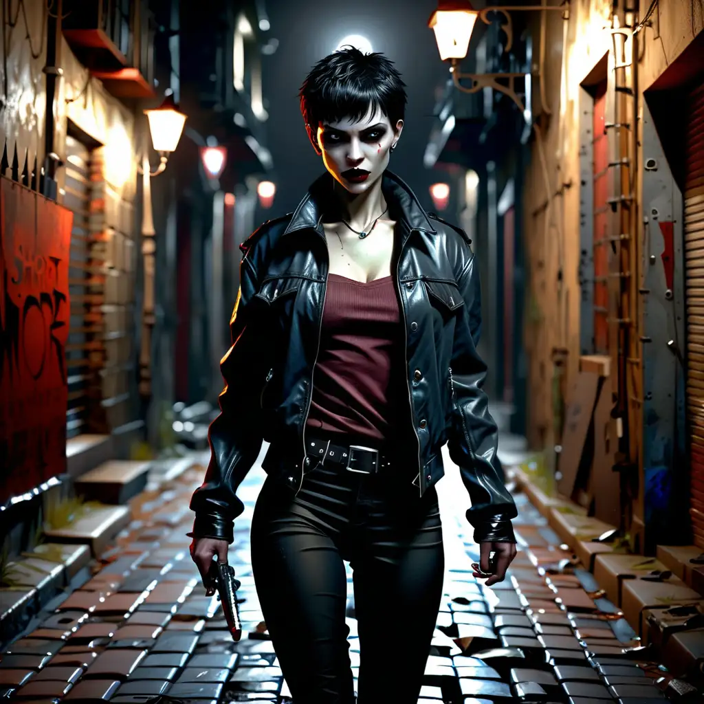 A female Toreador vampire enforcer, short hair, casual clothing, wearing a jacket, walking on an alley at night, realistic