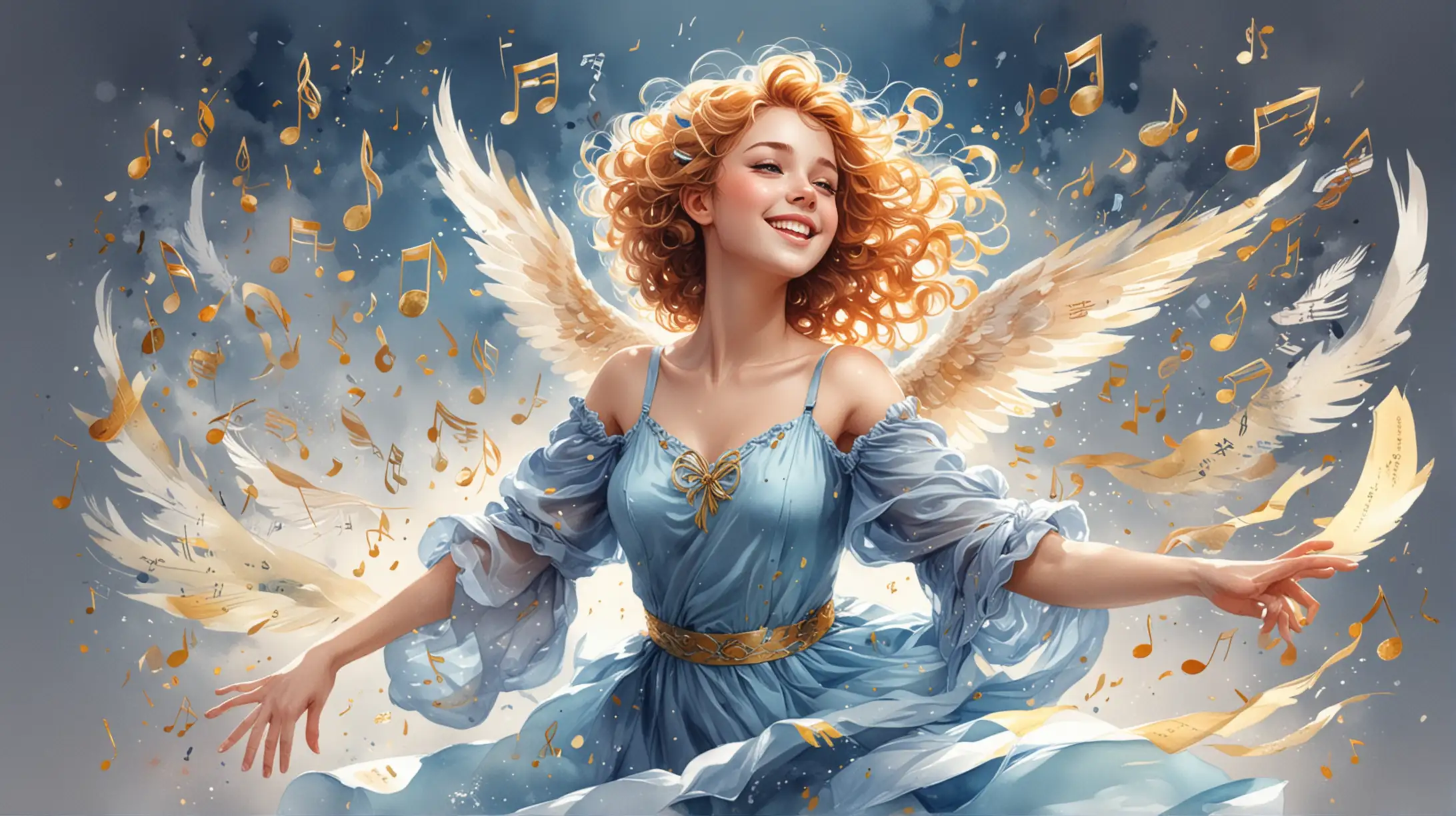 on a white background, painted in watercolor in anime style, the girl muse Euterpe in a light flying havenly blue dress, a happy smile, colorful notes fly out of developing hair, wings from notes, wind, flight, holds a treble clef in elegant palms, inspiration, fantasy, music, curly gold ribbons of black notes