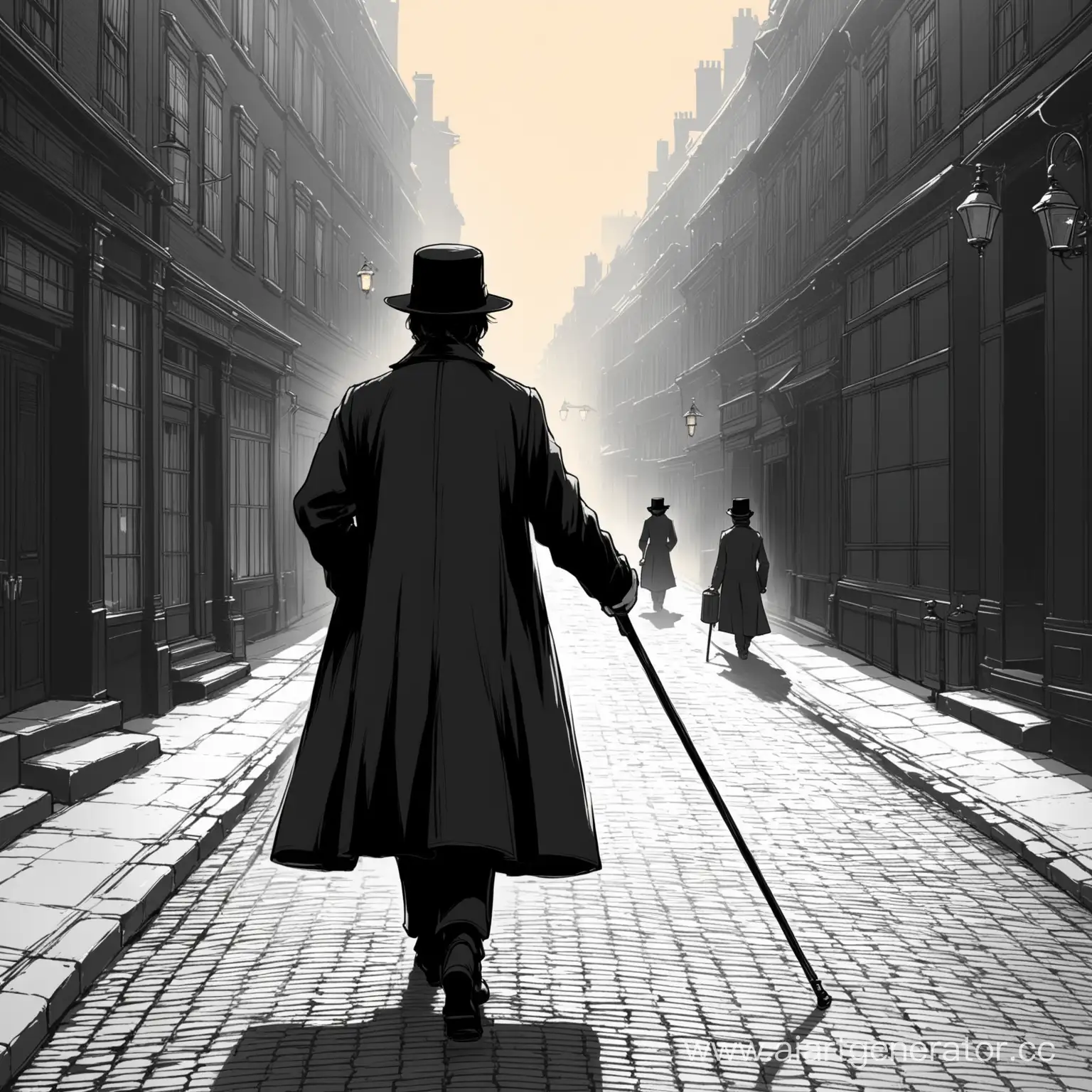 нарисуй человека который идет по улице 19 века в черной шляпе черном польто с тростью 