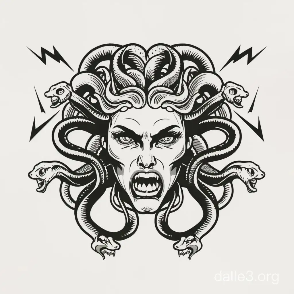 Gorgon Medusa with Lightning Bolts Striking Monochrome Engraving ...