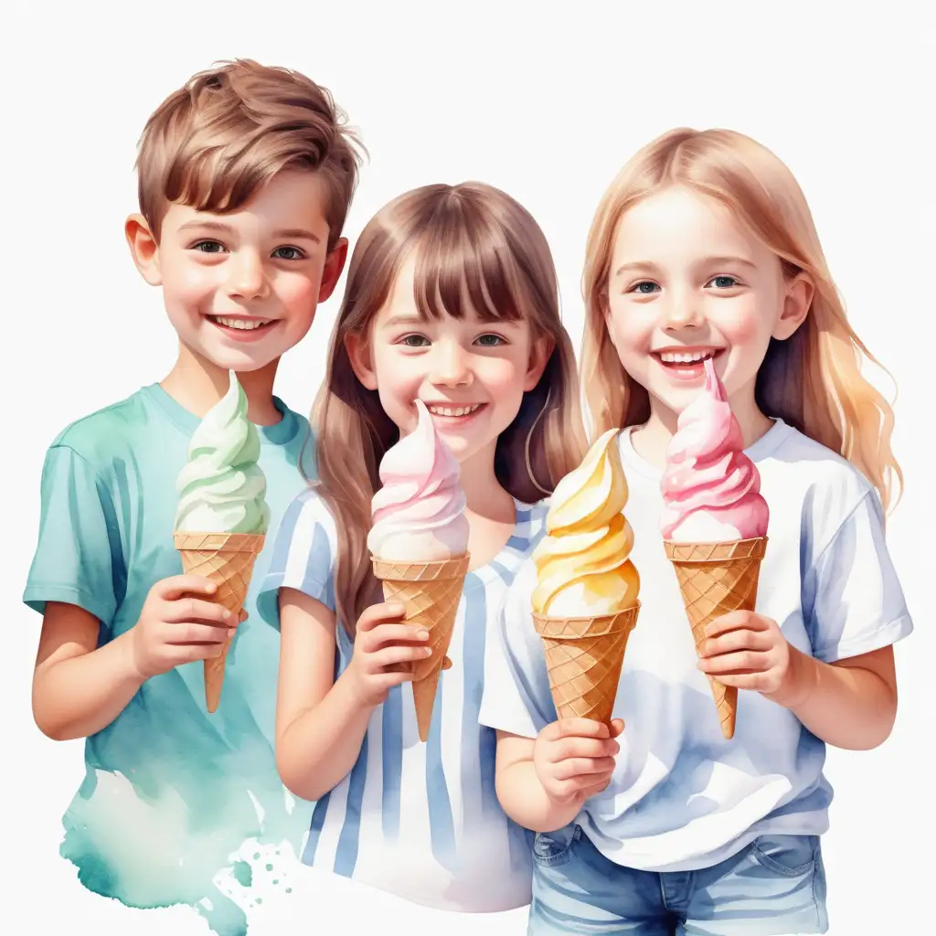 Vytvoř realistickou  _ kluci a holky drží v ruce zmrzlinu, léto_ usmívají se_ve stylu akvarel 