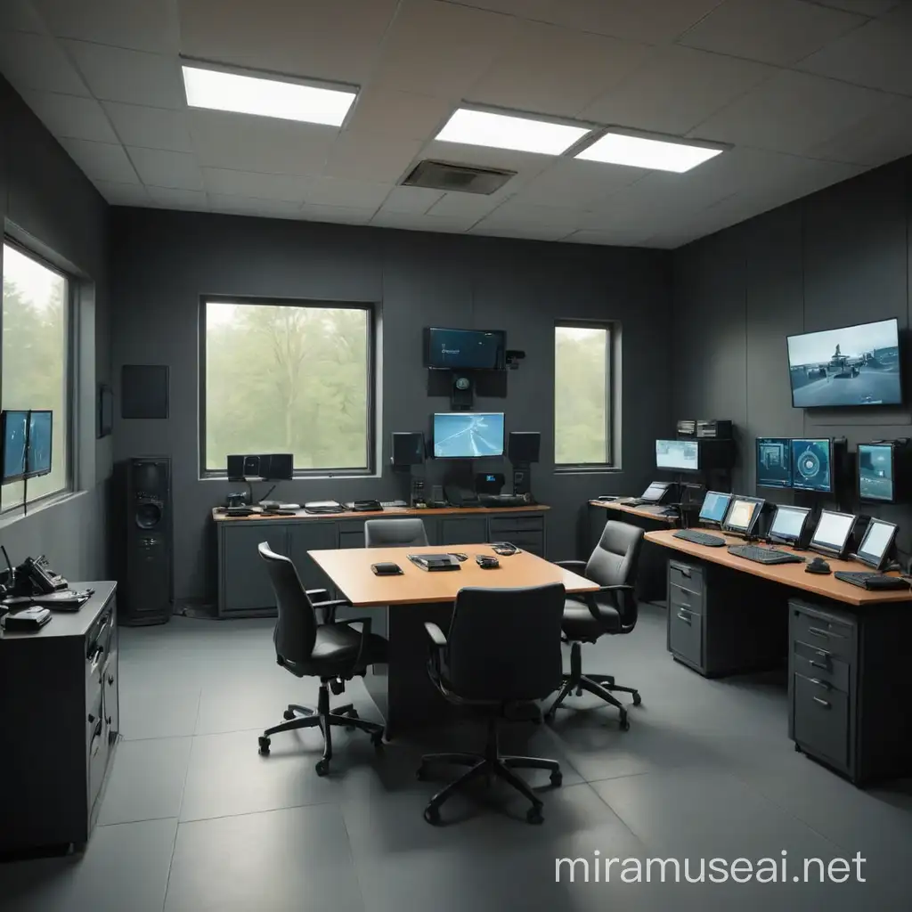 empty room in a safe house for intelligence agency; realistic room with monitors and cameras; surveillance devices; automatic weapons ready for use by window, 