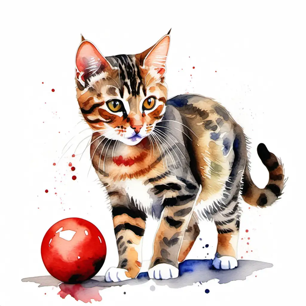 Kleine getigerte Katze, roter Ball, weißer Hintergrund,  Style: watercolor