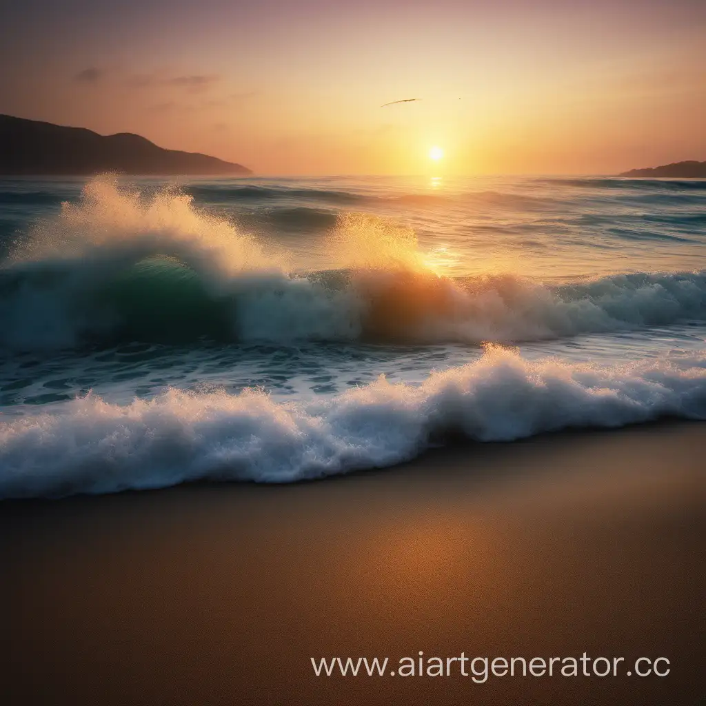 Breathtaking-Sunrise-Over-a-Tranquil-Sea-Beach-with-Crashing-Waves