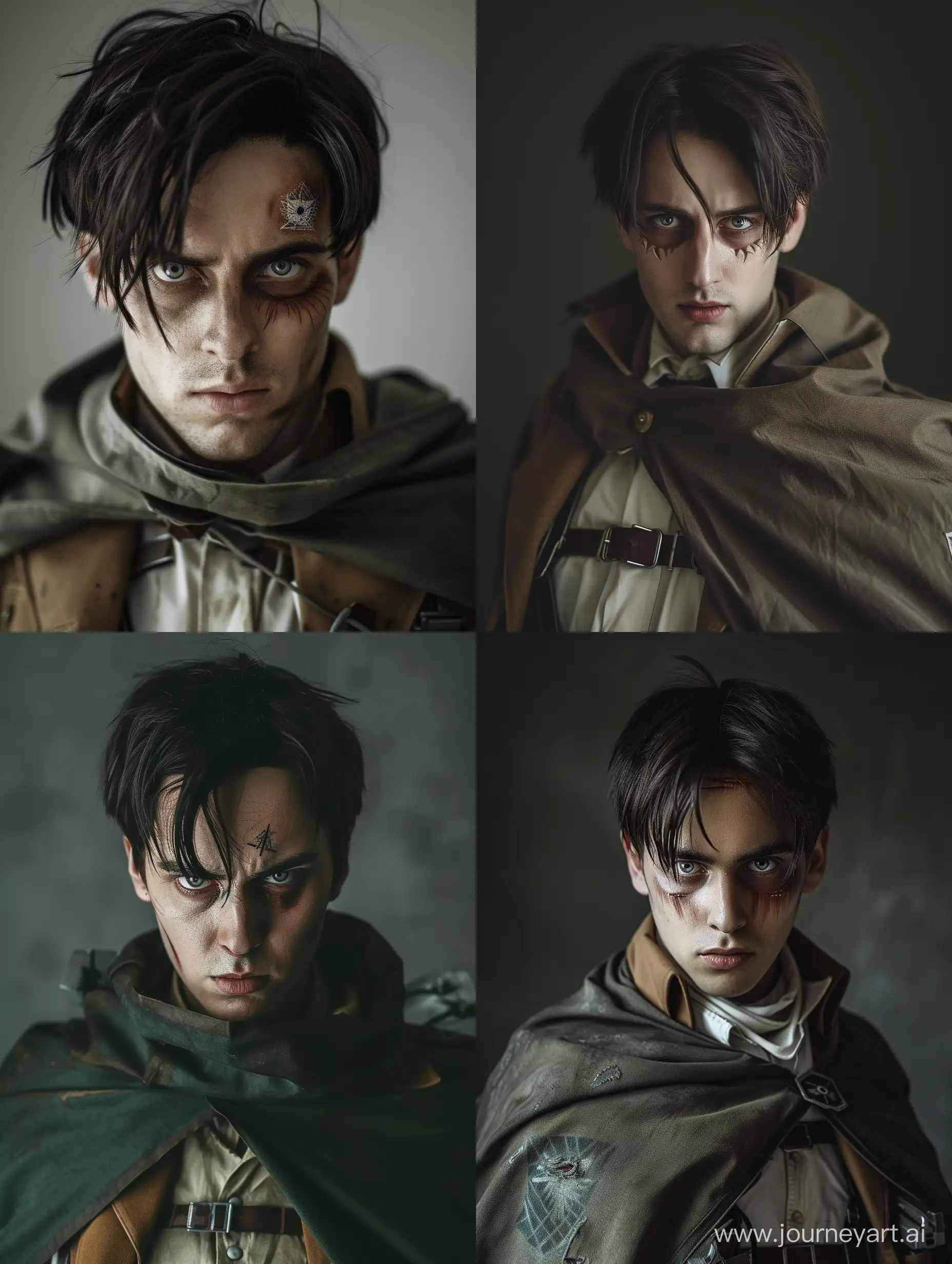 photo of German man as Levi Ackerman from Attack on Titan, in his 30s, with visible dark circles, mocking smirk, in his survey corps uniform and cape from attack on titan, with narrow light grey eyes, intense stare, high lids