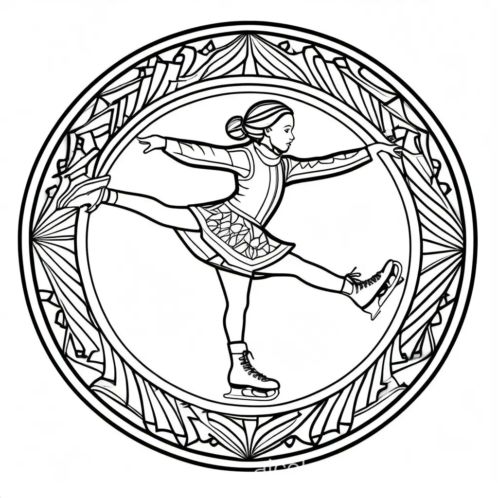 ice skater mandala
, Coloring Page, black and white, line art, white background, Simplicity, Ample White Space. The background of the coloring page is plain white to make it easy for young children to color within the lines. The outlines of all the subjects are easy to distinguish, making it simple for kids to color without too much difficulty