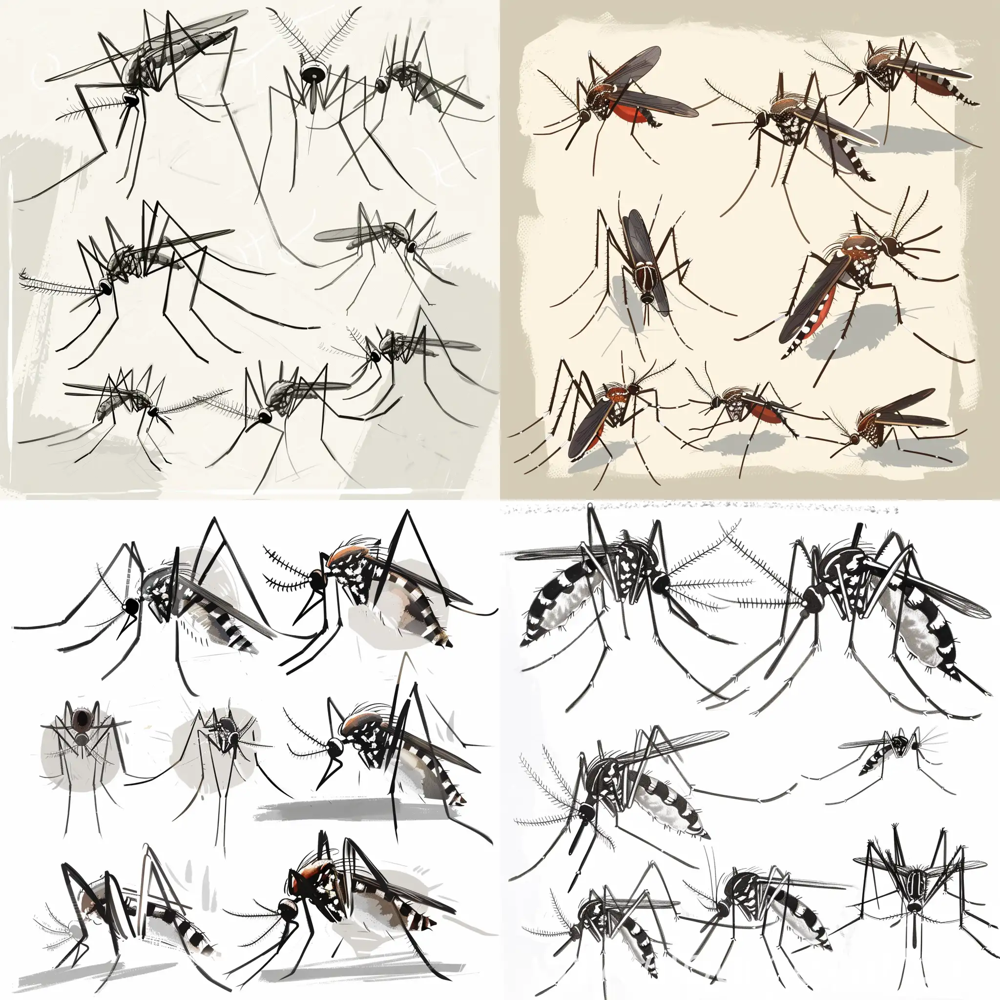 несколько комаров в разных художественных стилях