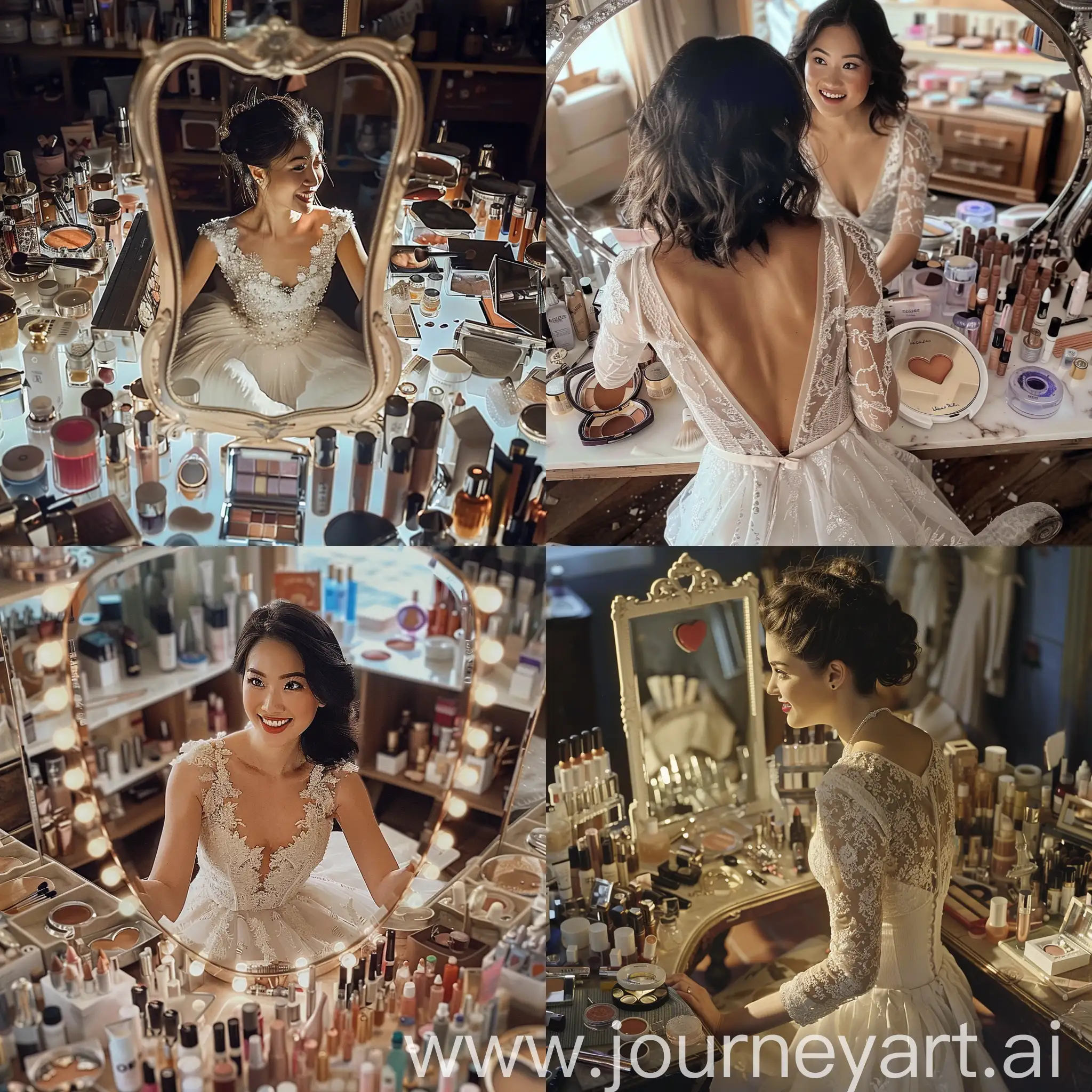 Woman-in-White-Dress-Smiling-at-Heart-Reflection-in-Mirror-Amidst-Cosmetics