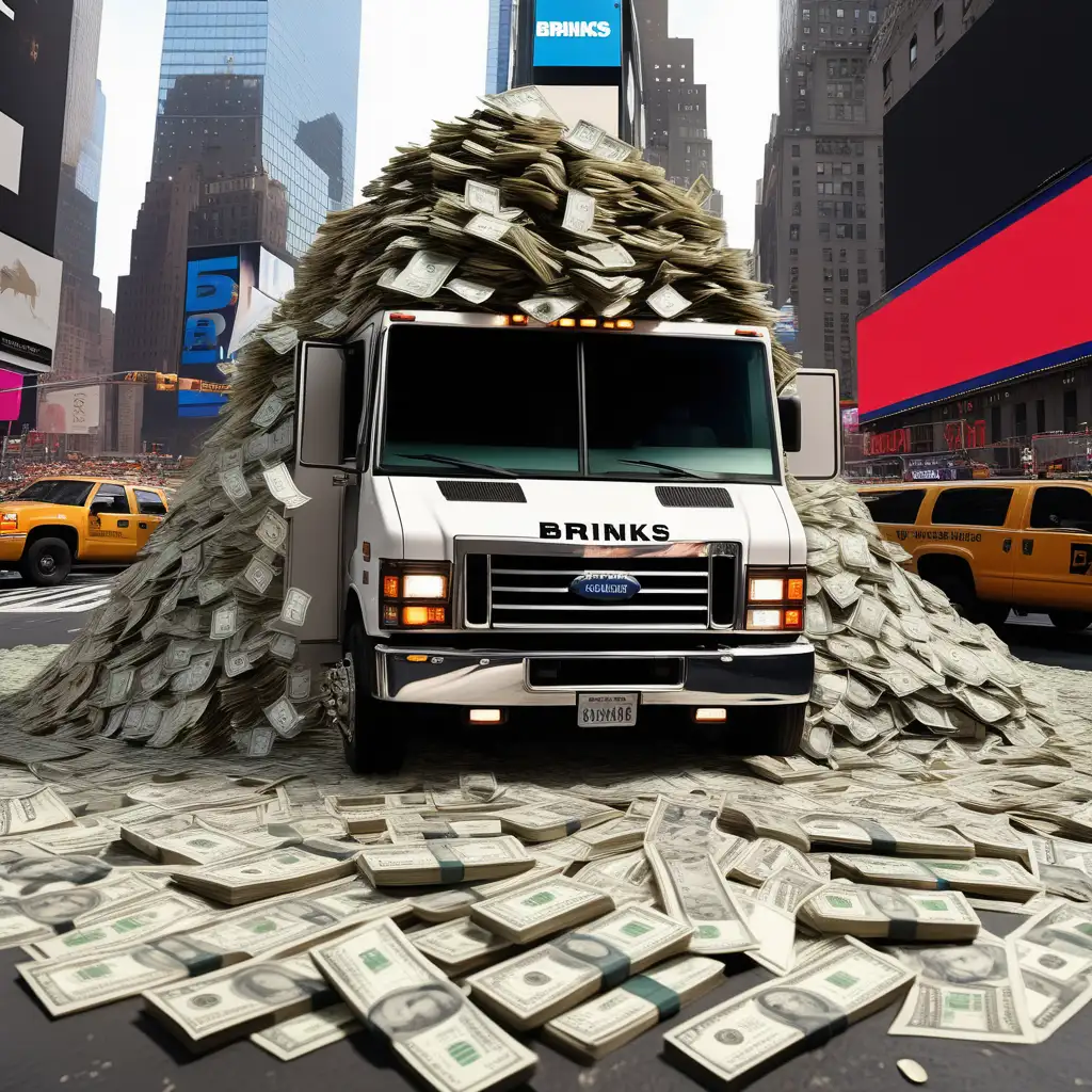 big pile of money coming out of a brinks truck in the middle of Times Square ultra realistic 32k