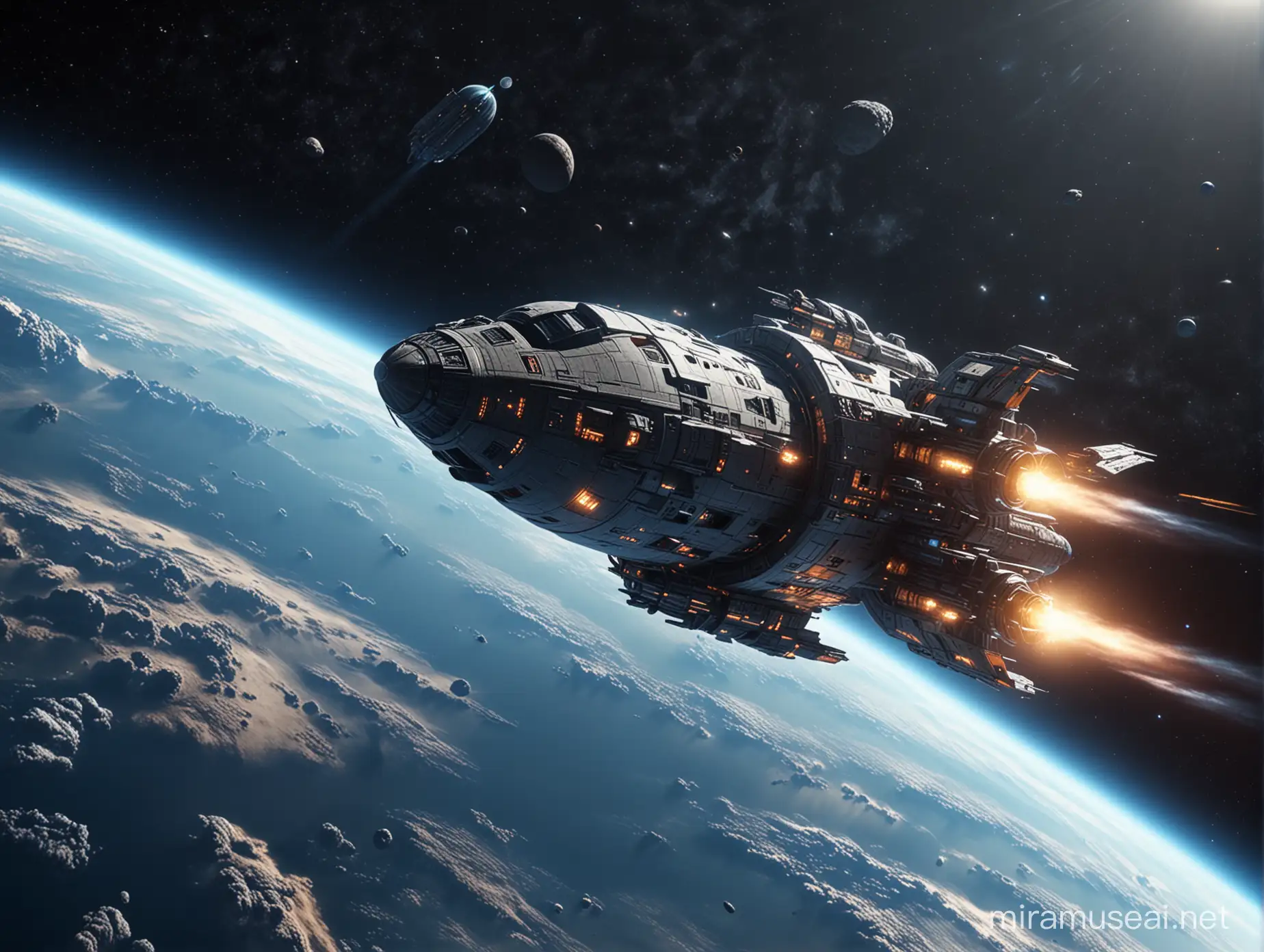 Cinematic Realistic Scene Massive Spaceship Leaving Earth in Outer Space