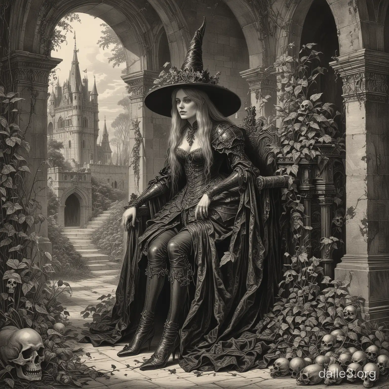 illustration by John Tenniel, engraving from 1890s, witch as a Victorian woman wearing a huge plain witch hat in warrior armor, detailed face, leaning down on throne in throne hall, dark eerie gothic castle overgrown with poison ivy, Surrounded by skulls, one leg is pulled up, ruined castle, skeletons and potions 