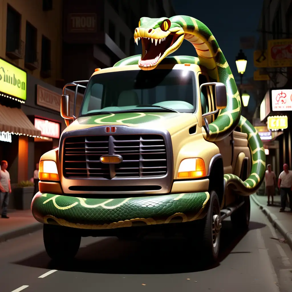 truck made of snakes driving down street in the dark, 
